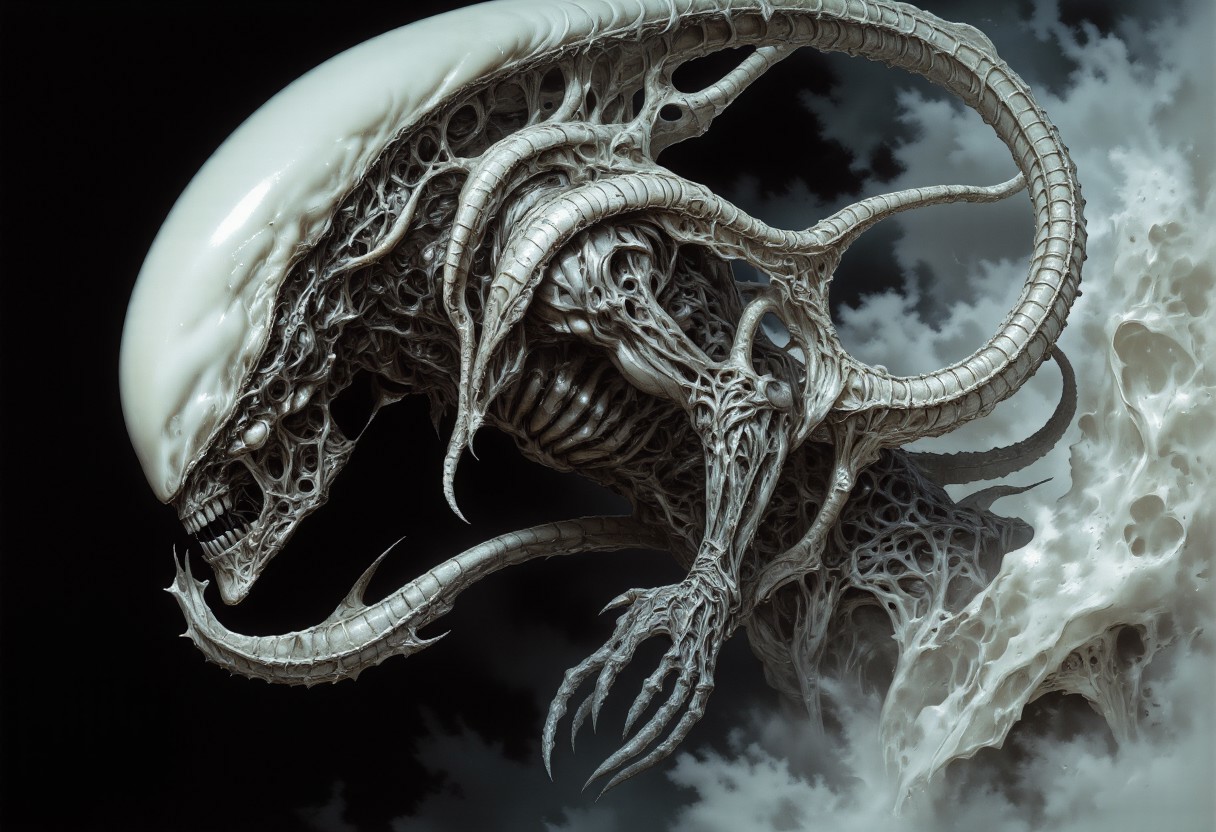 The image features an abstract representation of a skull intertwined with mechanical elements, showcasing a fusion of organic and mechanical forms. The skull has a ghostly, x-ray-like appearance, encased in a transparent, bubble-like structure that emphasizes its intricate details. The contrast between darker and lighter areas creates depth and movement, evoking themes of technology and humanity. The piece, signed “Clear Note” in a subtle script at the bottom right, seamlessly blends anatomical and industrial designs.
To incorporate a Xenomorph element into the image, consider adding elongated, biomechanical features characteristic of the creature, such as:
1. **Head Shape**: Alter the skull to feature a more elongated, sleek profile resembling the Xenomorph's distinct head shape.
2. **Texture**: Introduce a glossy, chitinous texture reminiscent of the Xenomorph's exoskeleton on parts of the skull and spine.
3. **Tail**: Add a segmented tail extending from the base of the skull, curling around the mechanical components.
4. **Eyes**: Replace traditional eye sockets with smooth, reflective surfaces to mimic the alien's dark gaze.
5. **Biomechanical Integration**: Blend alien-like limbs or appendages that appear to merge with the existing skeletal and mechanical structures.
This composition would maintain the abstract style while enhancing the eerie, alien atmosphere central to the Xenomorph design.
