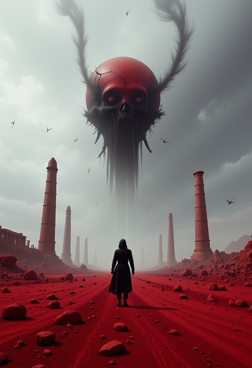 In an endless, blood-red plain, ruins of once-mighty structures fade into the void. The sky cracks like glass, revealing a darkness that hungers for life. A faceless figure, its skin fractured in black fissures, floats above the ground. A whisper in a forgotten language echoes in the emptiness.