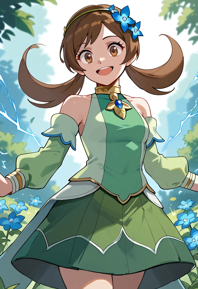 Jumping as if being shocked by static electricity,  smile,  solo, 1girl,  <lora:LyraPony-10:1> Lyra_Sygna, long hair, brown hair, twintails, yellow hairband, hair flower, flower, blue flower, brown eyes, dress, green dress, skirt, green skirt, bare shoulders, detached sleeves,, score_9, score_8_up, score_7_up, score_6_up, score_5_up, score_4_up,