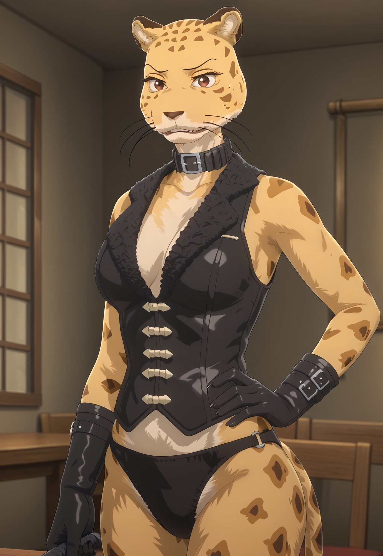 safe_pos, score_9, score_8_up, score_7_up, source_furry, source_cartoon BREAK 1girl, solo, anthro, furry female, sheila_(beastars), cheetah girl, curvy body, large breasts, slender figure, hourglass figure, voluptuous, dominatrix,black  bondage outfit, whip, holding whip, latex gloves, latex corset, latex panties, looking at viewer, smug, hand on hip, indoors, bedroom