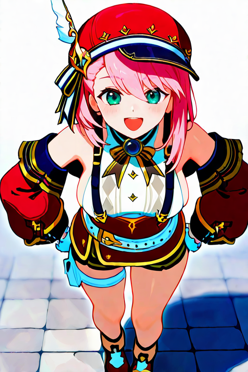 masterpiece, High quality, Ultra detailed, 2d, newest, absurdres, highres, BREAK
1girl, solo, <lora:charlotte_v1_LISETTElora:0.9>, hdcharlotte, short hair, pink hair, cabbie hat, red headwear, hat feather, green eyes, 
large breasts, charlottedef, bare shoulders, sideboob, white shirt, suspenders, detached sleeves, puffy sleeves, red dress, white gloves, blue gemstone, white belt, black shorts, thigh strap, shoes, red footwear, 
looking at viewer, smile, open mouth, standing, hands on own hip,