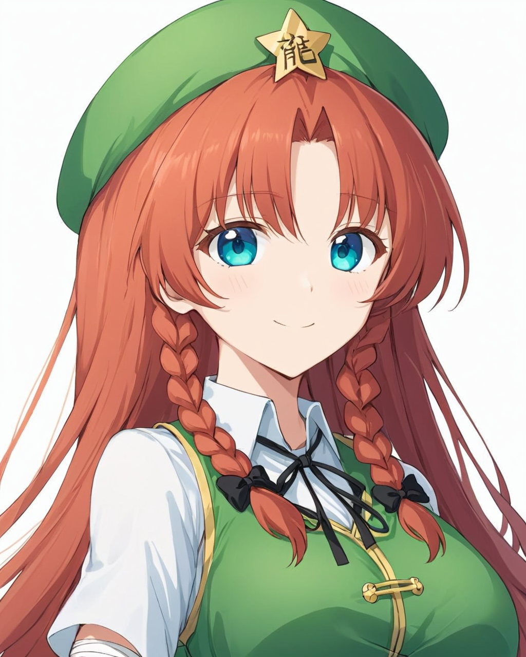 hong meiling,1girl, solo, star_hat_ornament, white_background, star_\(symbol\), looking_at_viewer, twin_braids, bandages, simple_background, upper_body, green_headwear, smile, beret, closed_mouth, breasts, black_ribbon, chinese_clothes, vest, white_shirt
<lora:hong_meiling_image3632_2023-12-11-000004:1>,star-shaped_pupils,symbol-shaped_pupils,. gorgeous,key visual, vibrant, studio anime,award-winning, professional, highly detailed,high budget, cinemascope