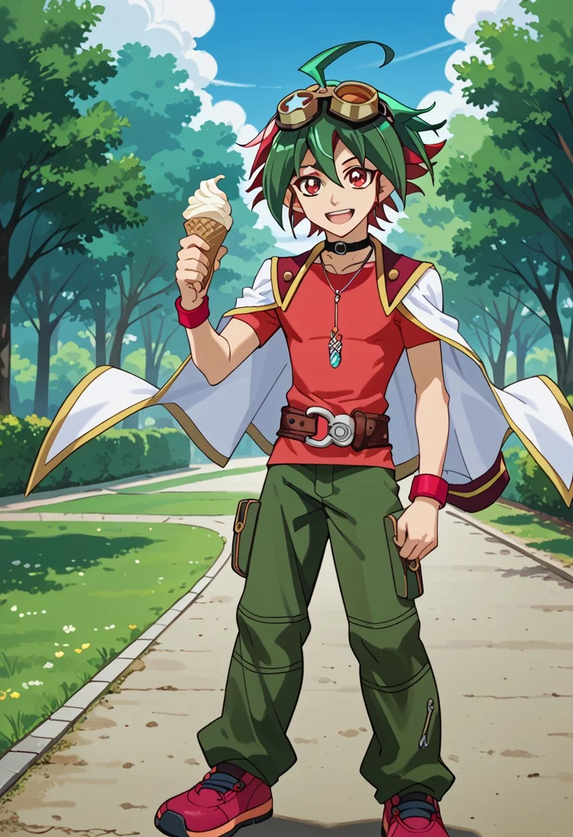 score_9, score_8_up, score_7_up, score_6_up, highly detailed,Good Colors, Glowing Skin, Good Shading, Good Eyes, Contrast Shading, Yuya, 1boy, male_focus, green hair, red hair, multicolor hair, ahoge, red eyes, googles on head, goggles, choker, pendulum necklace, red bracelets, red shirt, white jacket, jacket on shoulders, belt,  green pants, red shoes, smile, teeth, open mouth, holding ice cream, on park