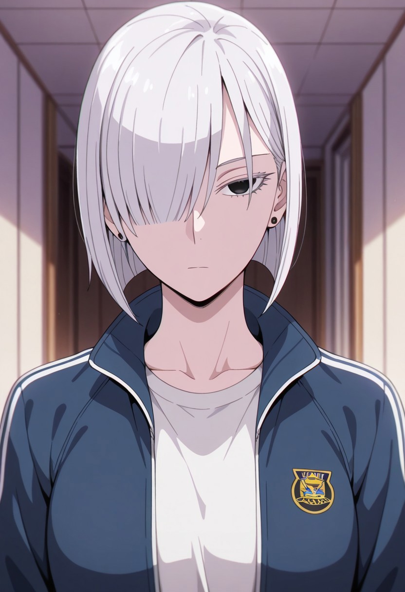 masterpiece,best quality,amazing quality, fiona frost, white hair, short hair, black eyes, 1girl, solo, hair over one eye, jacket, looking at viewer, jewelry, upper body, earrings, closed mouth, shirt, track jacket, expressionless