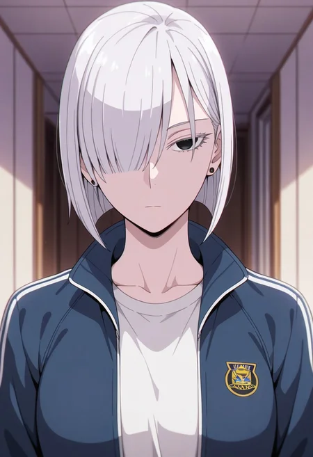 masterpiece,best quality,amazing quality, fiona frost, white hair, short hair, black eyes, 1girl, solo, hair over one eye, jacket, looking at viewer, jewelry, upper body, earrings, closed mouth, shirt, track jacket, expressionless