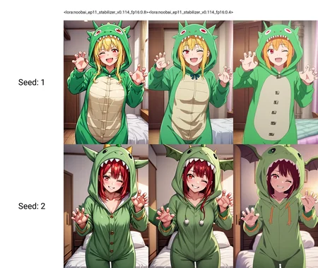 <lora:noobai_ep11_stabilizer_v0.114_fp16:0.8>1girl,red eyes,dragon cosplay costume,cowboy shot,claw pose,smile,one eye closed,bedroom,green pajamas,masterpiece,