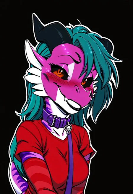 a furry sticker of, white outline:1.4, simple background, by incase, score_9, score_8_up, score_7_up, score_6_up, score_5_up, best quality, highly detailed, intricate details, extremely detailed, masterpiece, 4k, fine details, subtle soft details, futanari, ((Kobold)), ((pink scales:1.4)), split complimentary color scheme, ((purple stripes)), ((black sclera)), ((glowing orange eyes, orange iris, black pupils, split pupils)), (long eastern dragon tail), ((brown ram horns)), ((long teal hair:1.4)), ((purple slave collar)), ((black lipstick)), black eyeliner, plump, cute, medium breasts, cleavage, curvy, red long gloves, large iris, smiling, 1girl, solo, solid bright green background, looking at viewer, (bust shot), red tshirt, red t-shirt, side view, eyes partially closed, deep blush, embarrassed, light blue tongue, half closed eyes, emote, viewer on leash, l3ashed, leash pull
