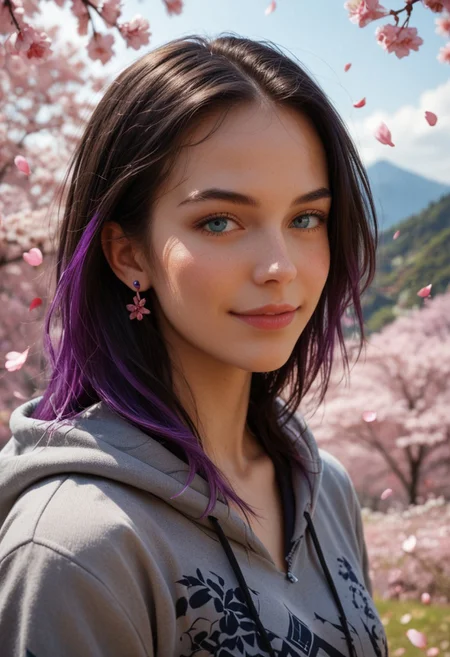 score_9_up, score_8_up, score_7_up, score_6_up, 1girl, 25 years old, perfect face, (adult:1.2), sexy,
(three quarter view), detailed face, portrait, face focus, depth of field, looking at viewer, blush, shy smile, close up,
blue eyes,
multicolored hair, black hair, purple hair, stud earrings, purple earrings,
hoodie, grey hoodie, print hoodie,
day, blue sky, cherry blossoms, falling petals, outdoors, spring (season), wind, scenery, mountain, nature