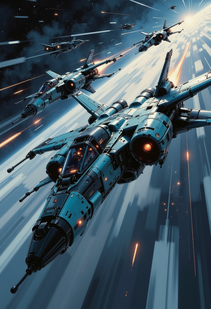 in the style of ck-mgs, A digital artwork in the style of cknc, a_skynet_cyberdyne_craft, the image is featuring a squadron of futuristic, highly advanced spacecraft fighters flying rapidly at in space, silhouetted, chiascuro, dark night, clear sky, stars, nebula. The fuselage is painted in camouflage blue and black, and the cockpit shows glowing led lights, and has a large air intake, dutch angle, the image slanted diagonally, motion blur