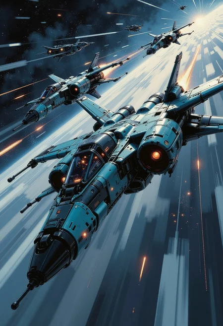 in the style of ck-mgs, A digital artwork in the style of cknc, a_skynet_cyberdyne_craft, the image is featuring a squadron of futuristic, highly advanced spacecraft fighters flying rapidly at in space, silhouetted, chiascuro, dark night, clear sky, stars, nebula. The fuselage is painted in camouflage blue and black, and the cockpit shows glowing led lights, and has a large air intake, dutch angle, the image slanted diagonally, motion blur
