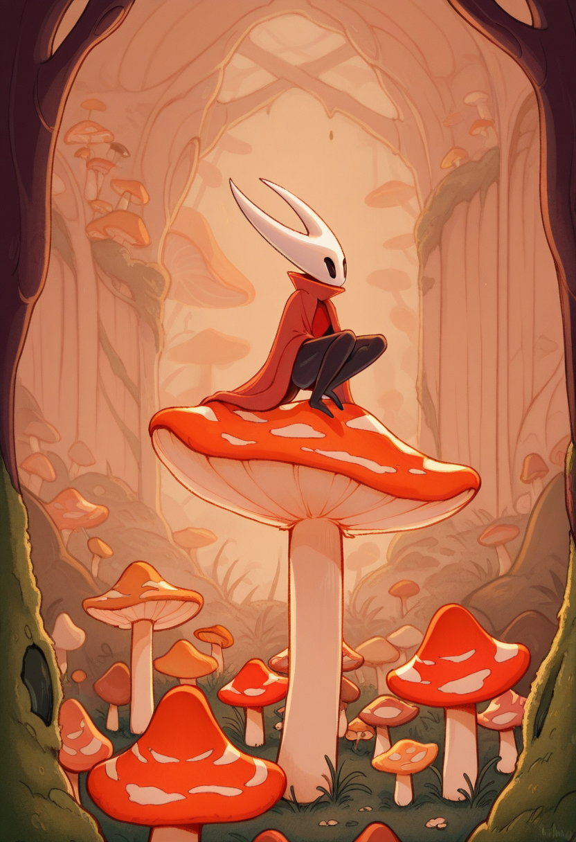 WhimsiFantasystyle,  masterpiece, best quality, hornet from hollow knight, white horns, black body, red attire, perched upon a mushroom,  victorian background, backlighting, fungal caves, spores, moss, mushrooms