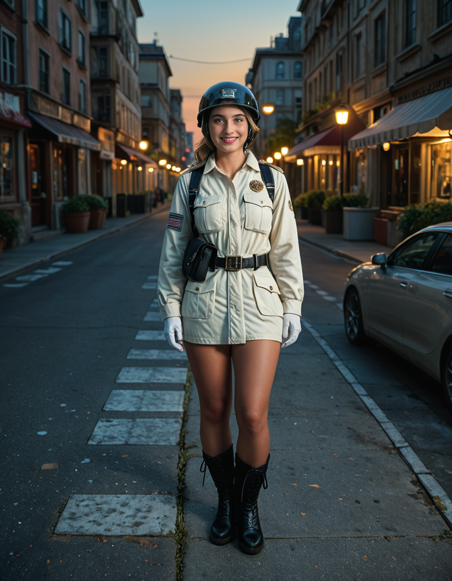 cowboy shot, looking at viewer,female_focus, medium close-up,,A woman wearing a Sturdy suit, helmet-lamp, boots, gloves, harness, goggles, belt ,stands confidently in a bustling city street at dusk. The streetlights cast a warm glow on the pavement, and neon signs flicker in the background. The personâs white gloves contrast sharply against the dark outfit, adding a touch of elegance. A light evening mist rises from the ground, creating a cinematic atmosphere. Pedestrians pass by, some glancing curiously at the well-dressed figure. The cityscape features modern and old architecture, blending tradition with contemporary urban life.
<lora:SDXLFaeTastic2400:0.4> <lora:extremely_detailed:0.4> extremely detailed, Masterpiece,best quality,hi res,8k,hi res,8k,award winning,(sharp focus, intricate, highly detailed),