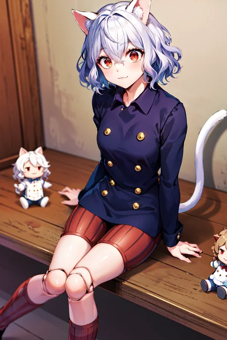 best quality, highres, neferpitou1, cat ears, (cat tail:0.8), solo, short hair, red eyes, long sleeves, hair between eyes, :3, curly hair, striped, cat girl, buttons, striped shorts, <lora:neferpitou_v1:0.6>, doll_joints, sitting,