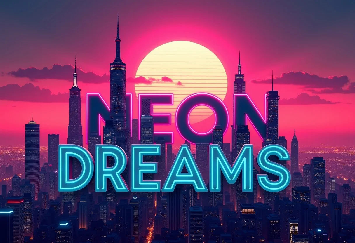 A vibrant futuristic city skyline where the buildings form the letters "NEON DREAMS" each letter designed to resemble towering skyscrapers. The skyline is bathed in neon retrowave colors, primarily pink and teal, creating a futuristic, retro vibe. Behind the city, a striking sunset fills the sky, blending shades of orange, pink, and purple, gradually fading into deep blues. The glow from the sunset contrasts with the neon-lit skyline, making the typography seamlessly blend with the architecture, evoking a cyberpunk-inspired city at dusk.