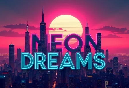 A vibrant futuristic city skyline where the buildings form the letters "NEON DREAMS" each letter designed to resemble towering skyscrapers. The skyline is bathed in neon retrowave colors, primarily pink and teal, creating a futuristic, retro vibe. Behind the city, a striking sunset fills the sky, blending shades of orange, pink, and purple, gradually fading into deep blues. The glow from the sunset contrasts with the neon-lit skyline, making the typography seamlessly blend with the architecture, evoking a cyberpunk-inspired city at dusk.