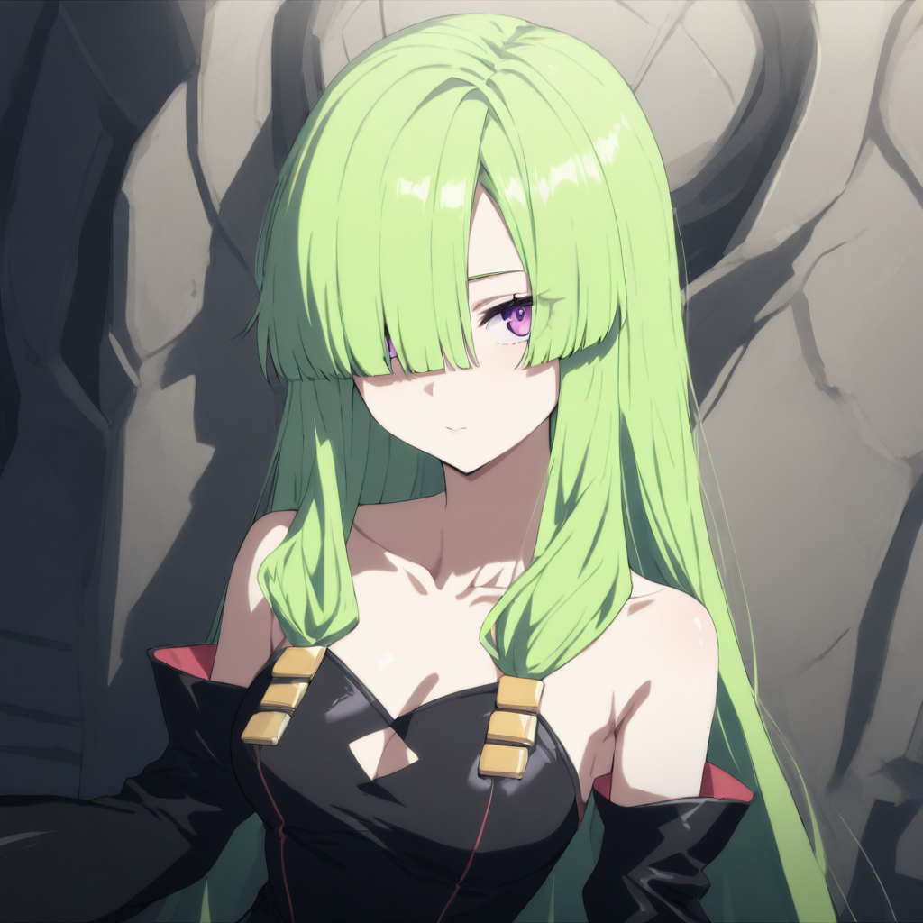 1girl,solo,looking at viewer,upper_body,portrait,masterpiece,high score,great score,absurdres,<lora:Doll_tmwg ag4o v1:1> dolltmwg, green hair, long hair, purple eyes, hair over one eye,bare shoulders,detached sleeves,black dress,