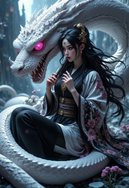 An1meL1nes, Face close up, gorgeous perfect eyes, highly detailed eyes, glossy lips. digital fantasy artwork featuring a woman with long black hair and pale skin, sitting amidst a large, white serpent with glowing pink eyes. The woman is wearing a black and white kimono with intricate patterns, and she holds a flute to her lips. The background is a mystical landscape with rocky formations and a soft, ethereal light. The composition is dynamic, with the serpent coiling around the woman, creating a sense of movement and tension. The overall color palette is cool, with shades of white, black, and hints of pink, enhancing the otherworldly atmosphere. (maximum ultra high definition image quality and rendering:3), maximum image detail, maximum realistic render, (((ultra realist style))), realist side lighting, , 8K high definition, realist soft lighting, (amazing special effect:3.5). <lora:FluxMythAn1meL1nes:1>