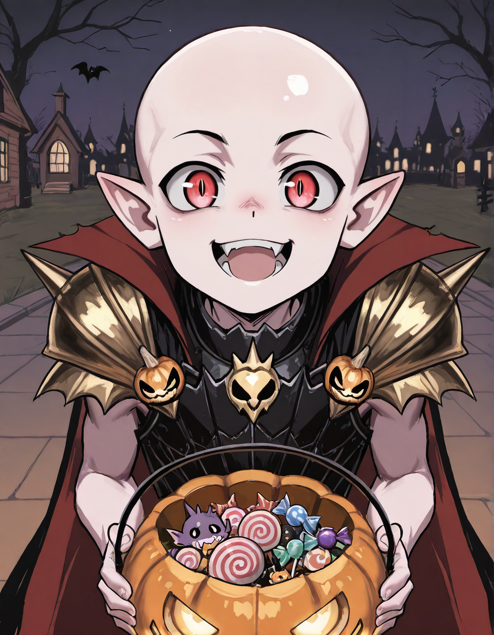 (2D,masterpiece,best quality,amazing quality,very aesthetic,high resolution,looking at viewer,ultra-detailed,1 boy,solo,source_anime,cute,lovely,Halloween,night),Mannfred von Carstein,vampire,bare arms,black armor,gold shoulder armor,cape,shine bald,pale skin,glowing red eyes,short_pointy_ears,spike,fang,open mouth,smile,jack-o'-lantern ornament,holding jack-o'-lantern bucket with candy,bat,<lora:Mannfred_von_Carstein:1>, <lora:ValbunStyle-IL:0.4>