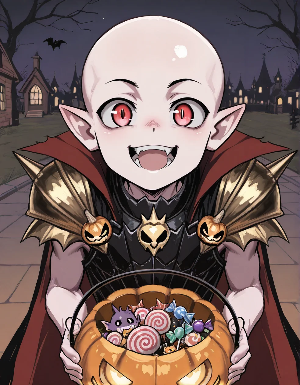 (2D,masterpiece,best quality,amazing quality,very aesthetic,high resolution,looking at viewer,ultra-detailed,1 boy,solo,source_anime,cute,lovely,Halloween,night),Mannfred von Carstein,vampire,bare arms,black armor,gold shoulder armor,cape,shine bald,pale skin,glowing red eyes,short_pointy_ears,spike,fang,open mouth,smile,jack-o'-lantern ornament,holding jack-o'-lantern bucket with candy,bat,<lora:Mannfred_von_Carstein:1>, <lora:ValbunStyle-IL:0.4>