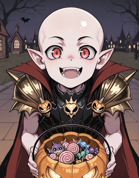 (2D,masterpiece,best quality,amazing quality,very aesthetic,high resolution,looking at viewer,ultra-detailed,1 boy,solo,source_anime,cute,lovely,Halloween,night),Mannfred von Carstein,vampire,bare arms,black armor,gold shoulder armor,cape,shine bald,pale skin,glowing red eyes,short_pointy_ears,spike,fang,open mouth,smile,jack-o'-lantern ornament,holding jack-o'-lantern bucket with candy,bat,<lora:Mannfred_von_Carstein:1>, <lora:ValbunStyle-IL:0.4>