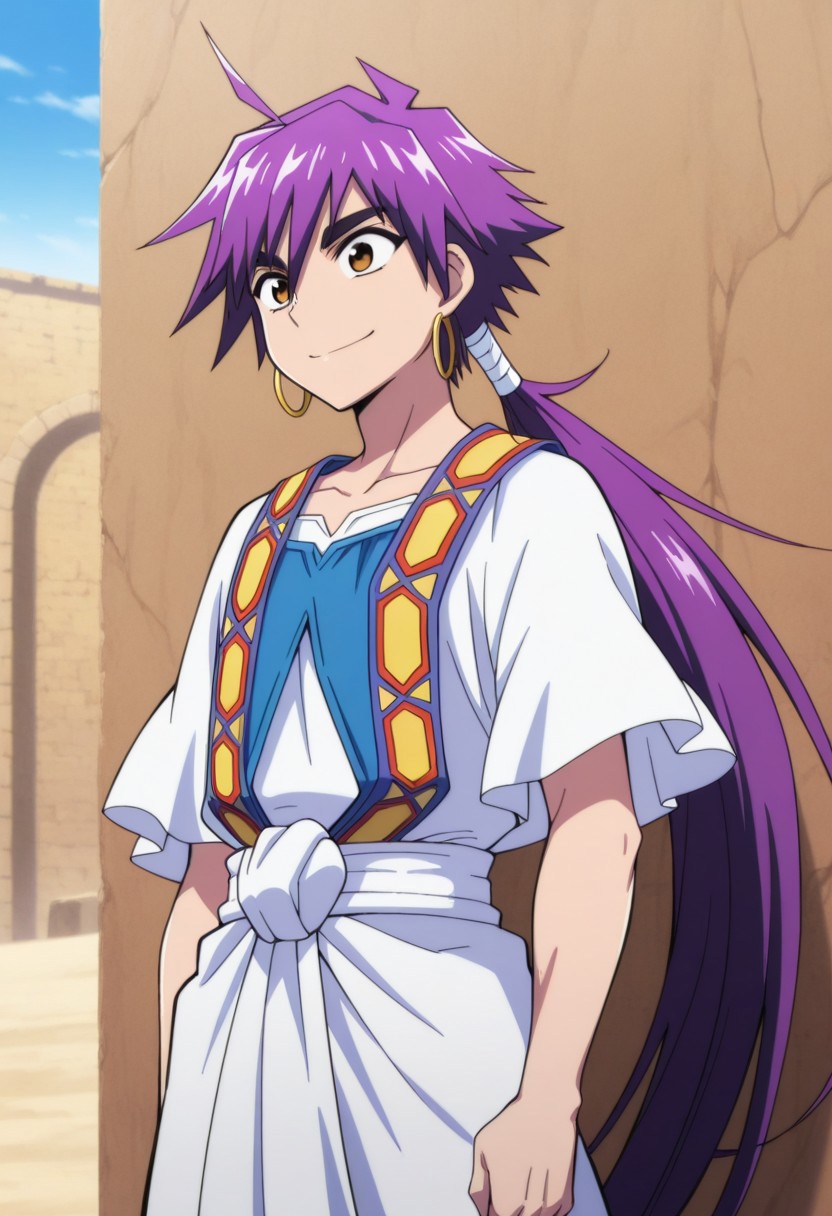 masterpiece,best quality,amazing quality, source_anime, 
Shindobaddo, 1boy, male focus, solo, brown eyes, purple hair, long hair, ponytail, hoop earrings, arabian clothes, collarbone, shirt, white shirt, short sleeves, wide sleeves, vest, blue vest, outdoor, smile,