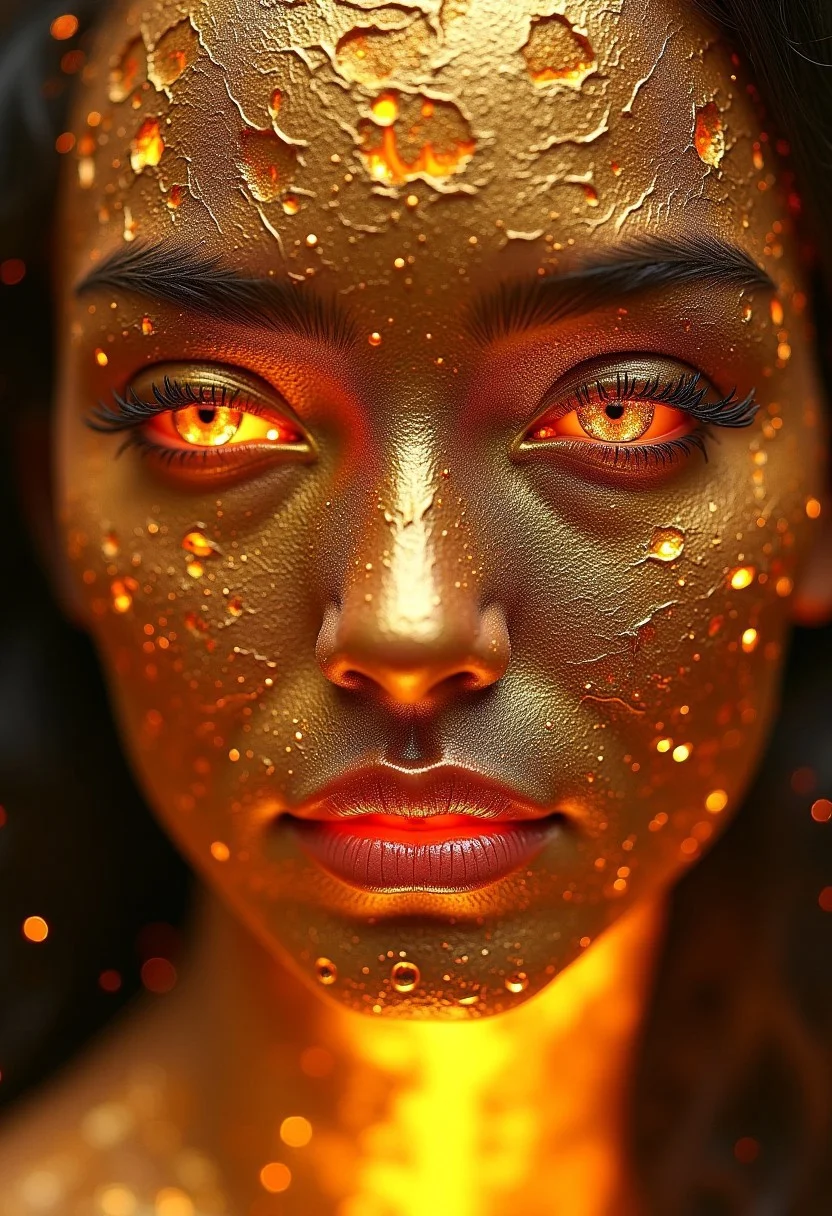 masterpiece, molten droplets of gold spiral and coalesce into a the face of a stunning oriental woman, fractal art