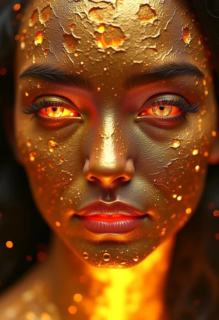 masterpiece, molten droplets of gold spiral and coalesce into a the face of a stunning oriental woman, fractal art