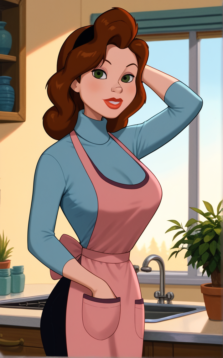 score_9, score_8_up, score_7_up, absurdres, hand in own hair, standing, arm up, solo, looking at viewer, window, indoors, parted lips, plant, cowboy shot, shiny skin, backlighting,potted plant, indoors,<lora:PONYXL_IronGiant_AnnieHughes_ownwaifu:1>, BREAK BlueShirt_AnnieHughes_ownwaifu, 1girl, apron, black belt, black hairband, black pants, blue shirt, blue sweater, breasts, brown apron, brown hair, curly hair, eyeshadow, green eyes, large breasts, leggings, lips, lipstick, long hair, long sleeves, makeup, mature female, nose, pink apron, pocket, red lips, turtleneck,  turtleneck sweater,<lora:add-detail-xl:0.15>,