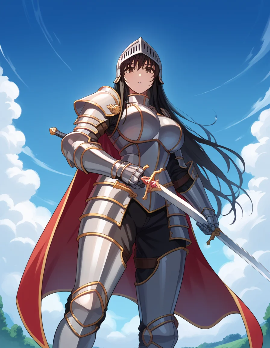 score_9, score_8_up, score_7_up, source_anime, <lora:yui-kotegawa-darkness-ponyxl-lora-nochekaiser:1>, yui kotegawa, black hair, brown eyes, long hair, large breasts, <lora:knight-ponyxl-lora-nochekaiser:1>, knight, armor, cape, sword, weapon, holding weapon, shoulder armor, gauntlets, helmet, pauldrons, red cape,, blue sky, clouds, from below, parted lips, looking at viewer