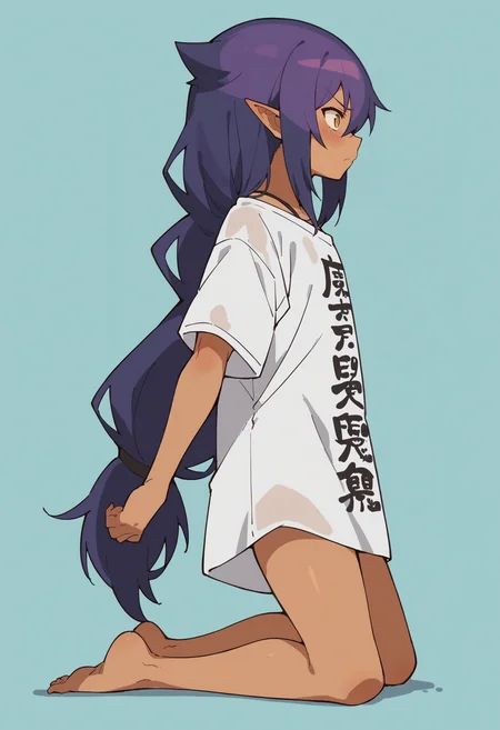score_9, score_8_up, score_8, source_anime, 1girl, <lora:Jahy:0.85> solo, dark skin, dark-skinned female, long hair, hair between eyes, purple hair, pointy ears, shirt, white shirt, clothes writing, oversized clothes, blush, full body, barefoot, from side,
light blue background, simple background,