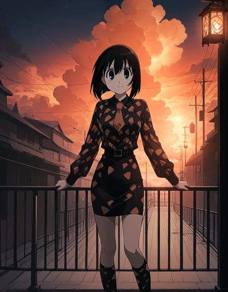 masterpiece, best quality, good quality, newest, highres, absurdres,<lora:Azumanga_style:1>,azumanga_illu, style parody,anime screenshot,nvpa,patterned clothes, 1girl,leaning_to_viewer, dr3ss,eye_focus, ((wide voluminous peplum)),close-up, pencil skirt, blouse, belt, black hair, lantern, solo, railing, socks, short hair, kneehighs, orange necktie,white_sky,dark_theme, orange clouds, <lora:Inverted_Cow_Print_Pattern_Illustrious:0.8>