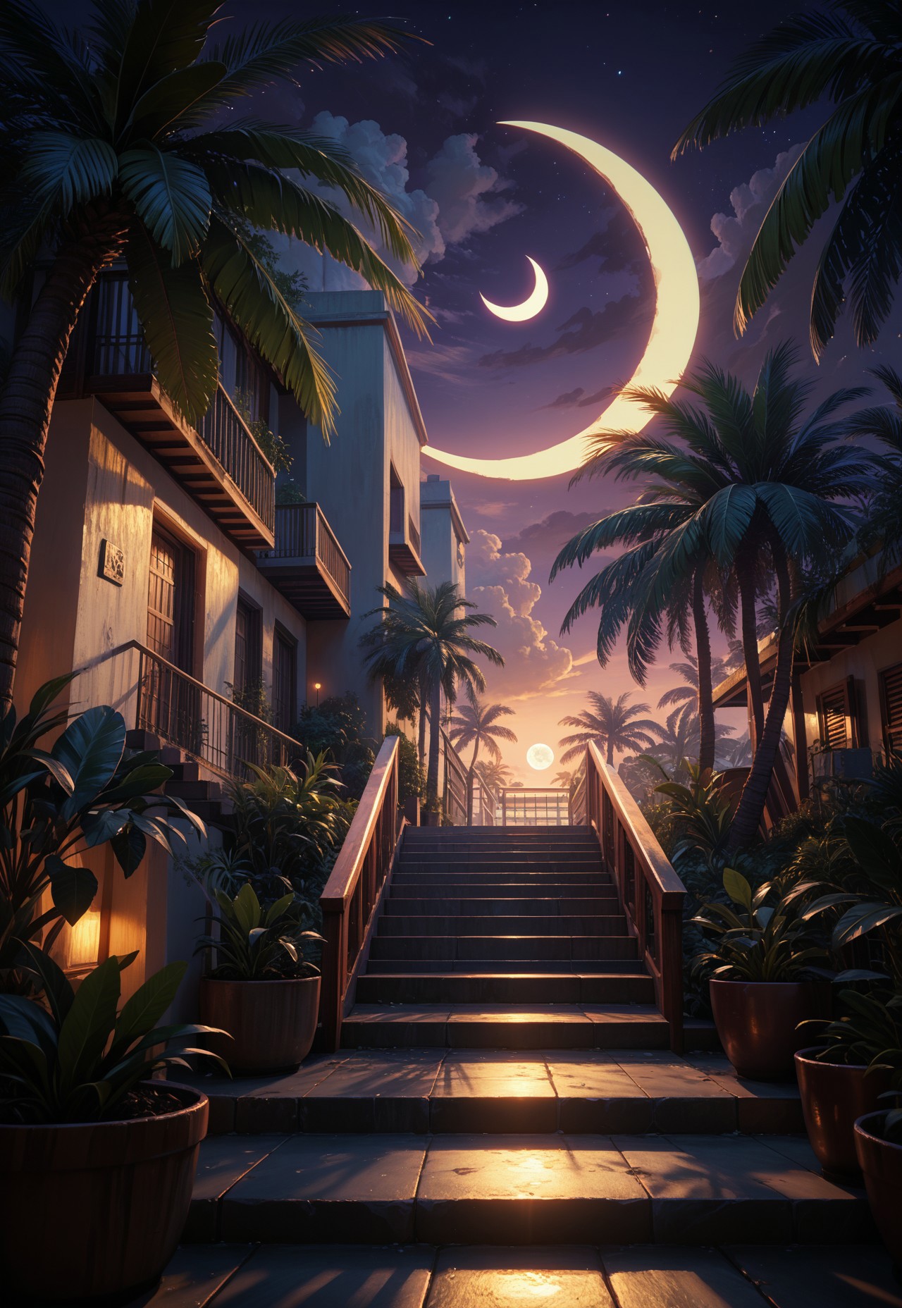 PonyXLV6_Scores Versabg, tree, no humans, palm tree, crescent moon, outdoors, scenery, moon, sky, building, night, purple sky, lamppost, shadow, stairs, sunset