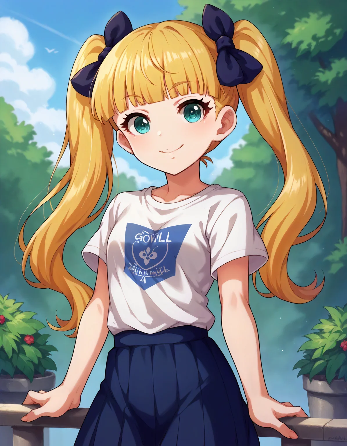 score_9,score_8_up,score_7_up,1girl,solo,cowboy shot,looking at viewer,smile,closed mouth,outdoors,
<lora:marycochran_ponyXLV6:0.8>,cgmary,
blonde hair,twintails,blunt bangs,aqua eyes,
hair bow,T-shirt,skirt