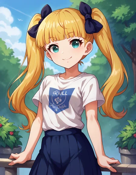 score_9,score_8_up,score_7_up,1girl,solo,cowboy shot,looking at viewer,smile,closed mouth,outdoors,
<lora:marycochran_ponyXLV6:0.8>,cgmary,
blonde hair,twintails,blunt bangs,aqua eyes,
hair bow,T-shirt,skirt