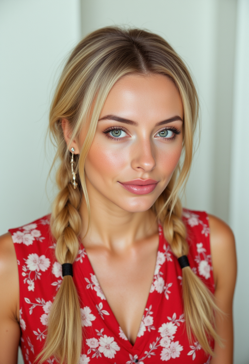 headshots, multiple angles, photoshoot poses; she has piercing eyes. A photo of a woman with blonde hair wearing a red and white dress she has braids. She is smiling. The background is a simple white wall. The overall mood of the image is Happy.RAW candid cinema,16mm,color graded portra 400 film,remarkable color,ultra realistic,textured skin,remarkable detailed pupils,realistic dull skin noise,visible skin detail,skin fuzz,dry skin,shot with cinematic camera,detailed skin texture,(blush:0.2),(goosebumps:0.3),subsurface scattering,beautiful photograph in the style of Augustus John,Sergio Toppi,Virginia Frances Sterrett,8k HD,detailed skin texture,ultra realistic,textured skin,analog raw photo,cinematic grain,whimsical.perfection style,aidmafluxpro1.1
