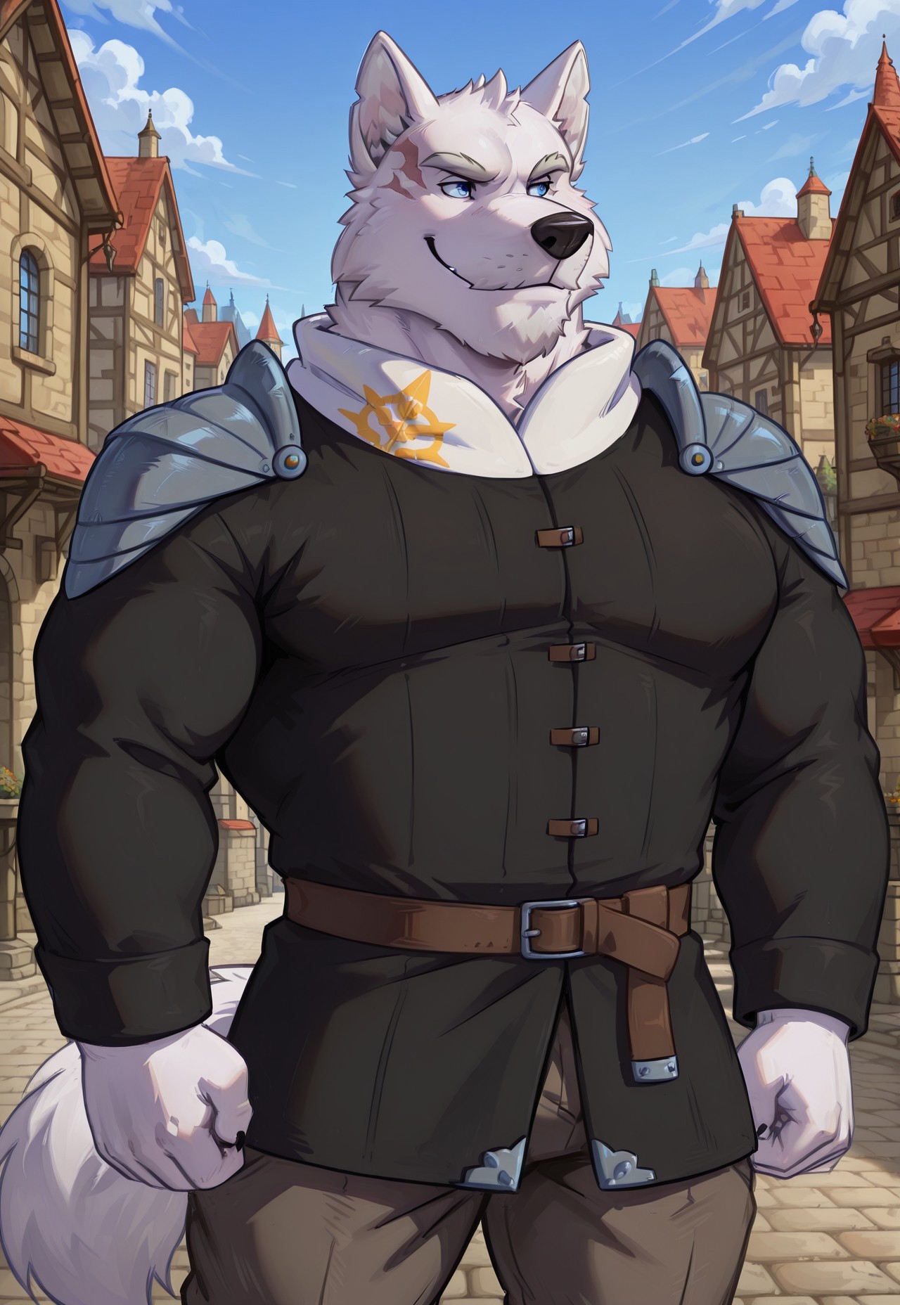 (CaptainGarret), white wolf, smile, solo, male, medieval town background, buildings black jacket, white collar, yellow symbol on collar, silver shoulder pads, biege pants, brown belt, BREAK high res, ultra detailed, best quality, best artwork, detailed eyes, eyes focus, perfect eyes, big iris, pupils, 4k, ultra quality, perfect face,