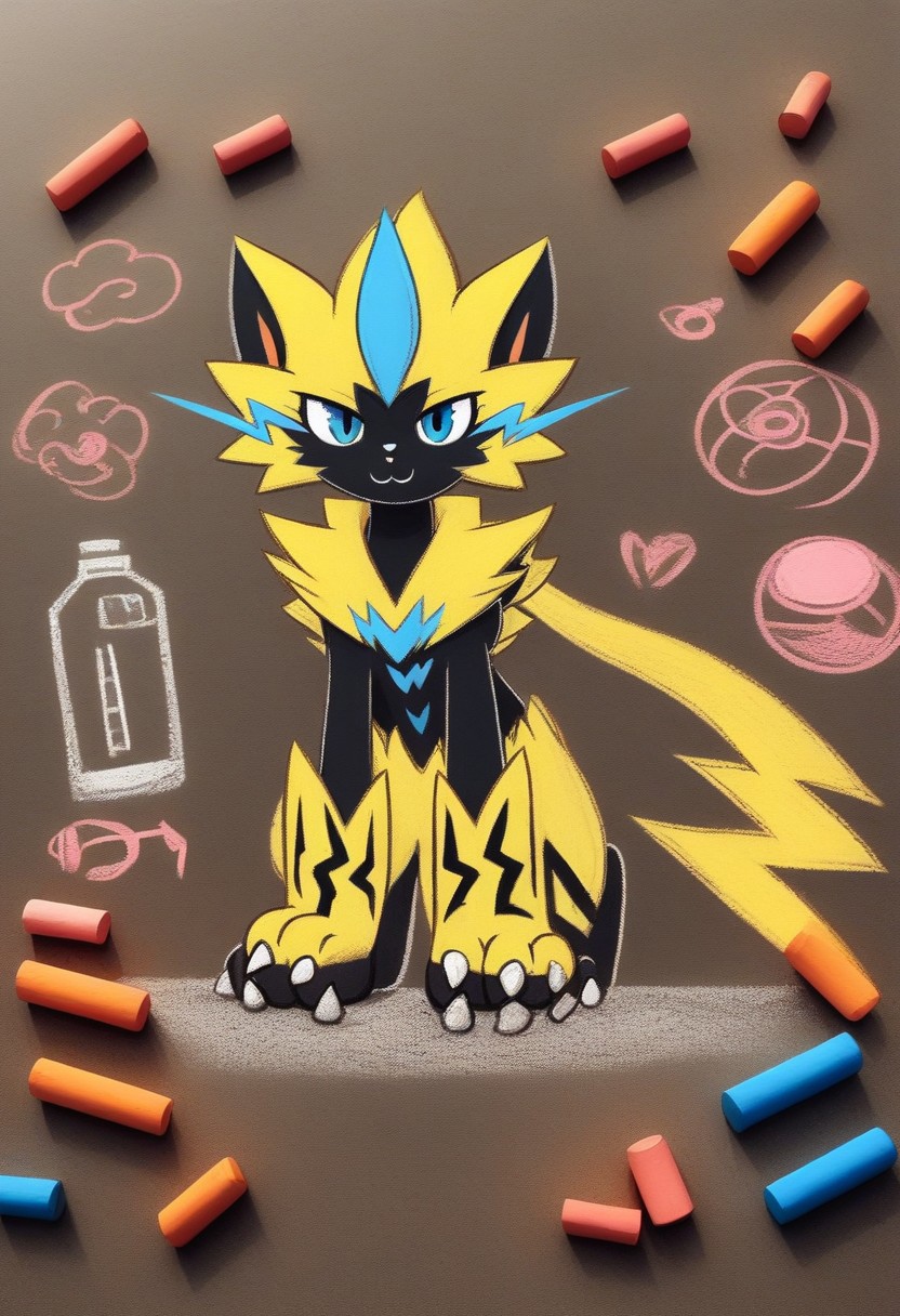 Zeraora as chalk drawing, ch4lkdr4wing, colored chalk, electrical discharge attack