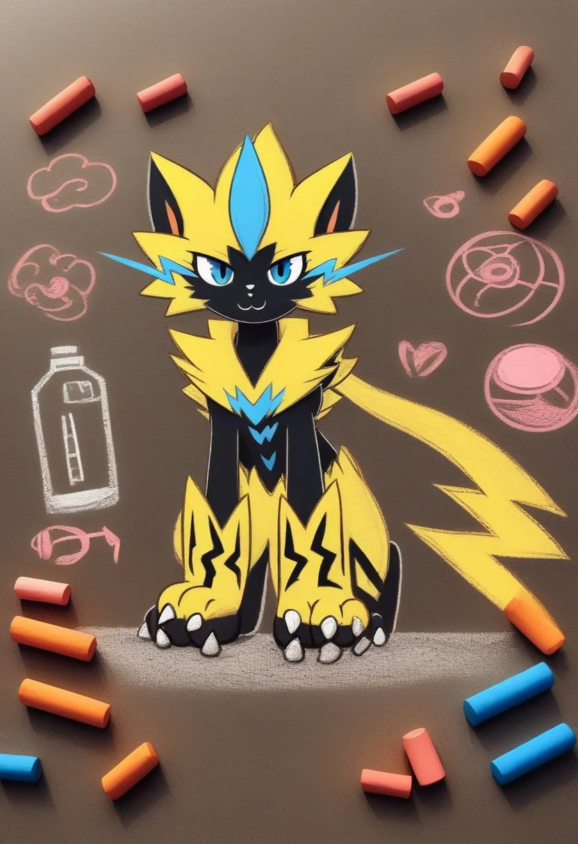Zeraora as chalk drawing, ch4lkdr4wing, colored chalk, electrical discharge attack