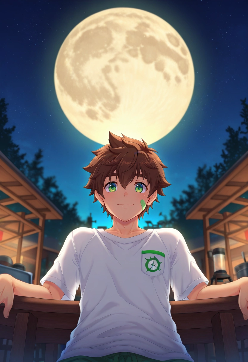 masterpiece, best quality, intricate details, semi-realistic, , depth of field, 1boy, solo, male focus, <lora:keitaro_nagame_ilxl:0.88>, keitaro_nagame, brown hair, green eyes, short hair, bandaid on face, , panorama, workshop, night, full moon, leaning back, smile,