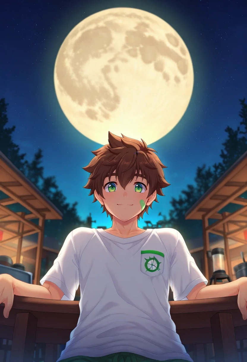 masterpiece, best quality, intricate details, semi-realistic, , depth of field, 1boy, solo, male focus, <lora:keitaro_nagame_ilxl:0.88>, keitaro_nagame, brown hair, green eyes, short hair, bandaid on face, , panorama, workshop, night, full moon, leaning back, smile,
