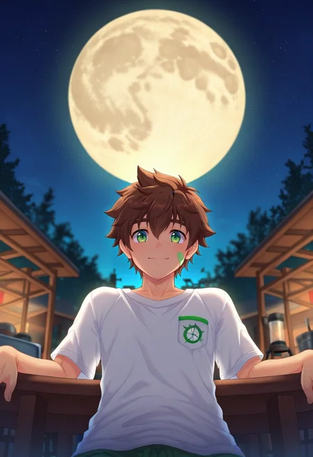 masterpiece, best quality, intricate details, semi-realistic, , depth of field, 1boy, solo, male focus, <lora:keitaro_nagame_ilxl:0.88>, keitaro_nagame, brown hair, green eyes, short hair, bandaid on face, , panorama, workshop, night, full moon, leaning back, smile,