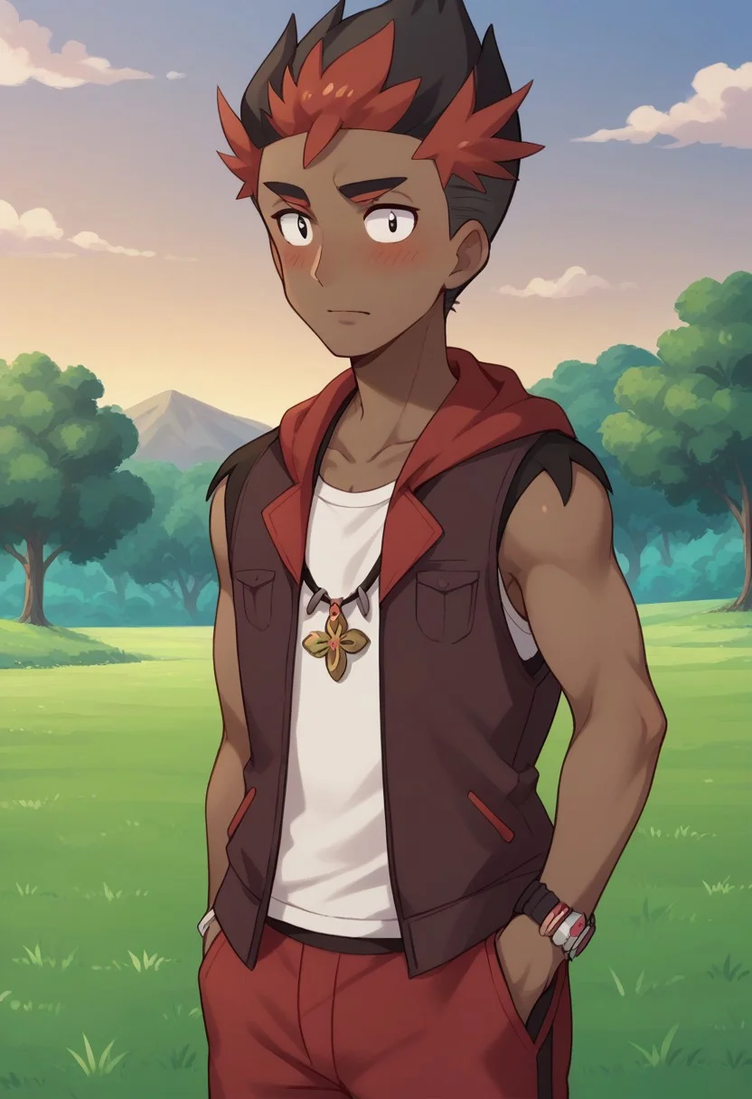 score_9, score_8_up, score_7_up, source_anime, highly detailed,
kiawe, 1boy, male focus, solo, dark-skinned male, dark skin, jewelry, hand in pocket, black hair, red shorts,
blush, necklace, hood, multicolored hair, hoodie, short hair, sleeveless, shirt, bracelet, closed mouth,
red pants, two-tone hair, vest, black eyes, pants, collarbone, red hair,
outdoor, grass, trees, day,