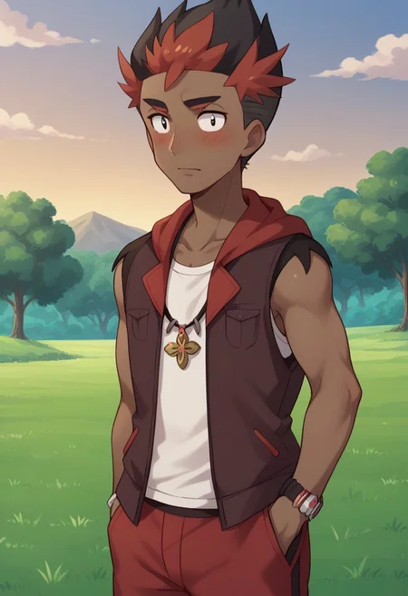 score_9, score_8_up, score_7_up, source_anime, highly detailed,
kiawe, 1boy, male focus, solo, dark-skinned male, dark skin, jewelry, hand in pocket, black hair, red shorts,
blush, necklace, hood, multicolored hair, hoodie, short hair, sleeveless, shirt, bracelet, closed mouth,
red pants, two-tone hair, vest, black eyes, pants, collarbone, red hair,
outdoor, grass, trees, day,