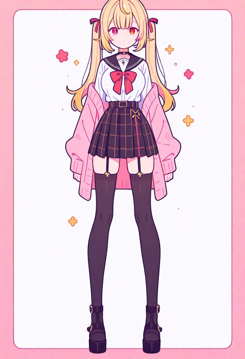 Flatline, Flat vector illustration, looking at viewer, full_body, 
nijisara, large breasts, heterochromia, red eye, yellow eye, blonde hair, ltwintails, hair ribbon, long sleeves, red bow, pink cardigan, black thighhighs, plaid skirt, red ribbon, black choker, garter straps, school uniform, 
beautiful breasts, slim, slender, fair skin, clear skin, beauty skin, smooth skin, shiny skin, beautiful legs, long legs, sandals, 
from front, front view, straight-on, look at viewer, standing, (legs apart:1.4), 
white background,