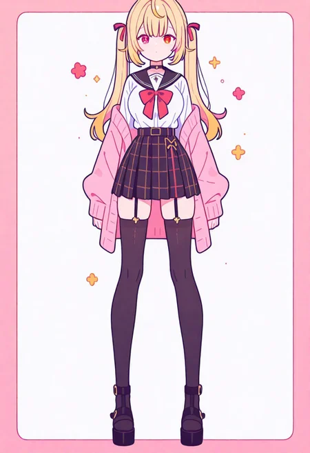 Flatline, Flat vector illustration, looking at viewer, full_body,
nijisara, large breasts, heterochromia, red eye, yellow eye, blonde hair, ltwintails, hair ribbon, long sleeves, red bow, pink cardigan, black thighhighs, plaid skirt, red ribbon, black choker, garter straps, school uniform,
beautiful breasts, slim, slender, fair skin, clear skin, beauty skin, smooth skin, shiny skin, beautiful legs, long legs, sandals,
from front, front view, straight-on, look at viewer, standing, (legs apart:1.4),
white background,