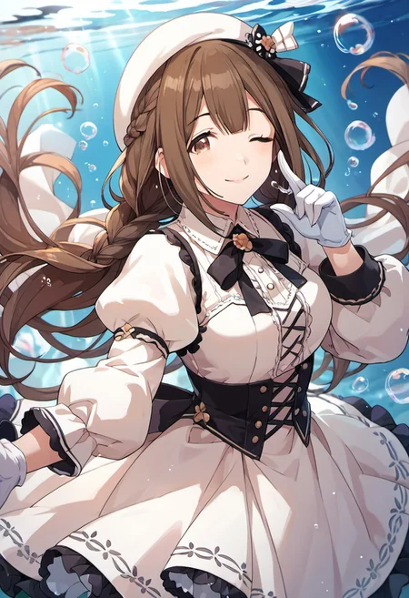 score_9, score_8_up, score_7_up, source_anime, kuwayama chiyuki, brown hair, brown eyes, long hair, 1girl, one eye closed, gloves, solo, white gloves, dress, braid, hat, looking at viewer, smile, bubble, bow, long sleeves, puffy sleeves