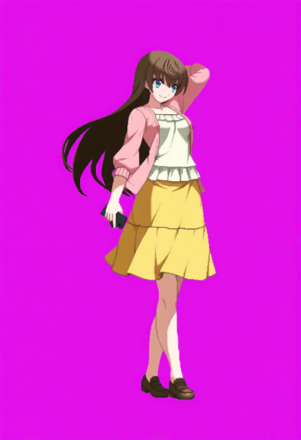 masterpiece, best quality, solo, 1girl, smile, looking at viewer, <lora:Mio-illus:1>, mio, brown hair, blue eyes, long hair, pink cardigan, white camisole, yellow skirt, brown footwear, <lora:Dengeki_Bunko-illus_Fp:1>, full body, pixel art, simple background, standing, holding phone, arm behind head,