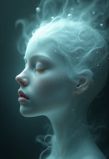 digital painting of a nymph, elemental mysterious enchanting floating transluscent face made of sphereshaped foggy diffuse spirit light, small, flickering ethereal appearance, white, natural, mystifying,twinkling,diverse,extraordinary,hyperdimensional,nebulaic,evanesce,prismatic, dimly lit,cryptic, lustrous, created