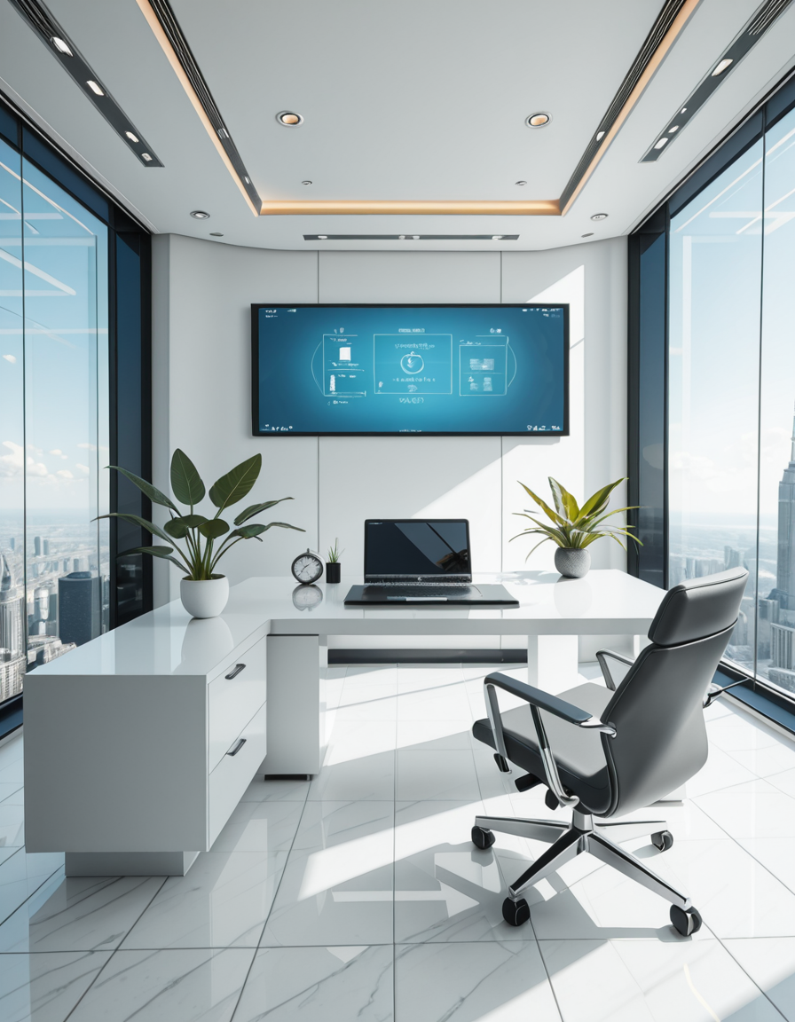 A modern, luxurious executive secretary's office located at the top floor of a futuristic skyscraper. The office has floor-to-ceiling glass walls offering a breathtaking panoramic view of a bustling metropolis under a clear blue sky. Inside, the design is ultra-minimalist and high-tech, with sleek white furniture, a glossy black desk with an integrated digital interface, and an ergonomic designer chair in matte gray leather. There are a few elegant green plants strategically placed for a touch of nature. A thin holographic screen hovers above the desk, displaying schedules and emails. The lighting is bright but soft, coming from recessed LED strips in the ceiling and natural sunlight pouring in. The atmosphere feels calm, professional, and cutting-edge, reflecting the spirit of a powerful tech company. In the background, a subtle artistic sculpture and a minimalist clock complete the decor.
<lora:SDXLFaeTastic2400:0.4> <lora:extremely_detailed:0.4> extremely detailed,secretary 0ff1c3, <lora:secretary_0ff1c3_r1-i:1>, Masterpiece,best quality,hi res,8k,hi res,8k,award winning,(sharp focus, intricate, highly detailed),