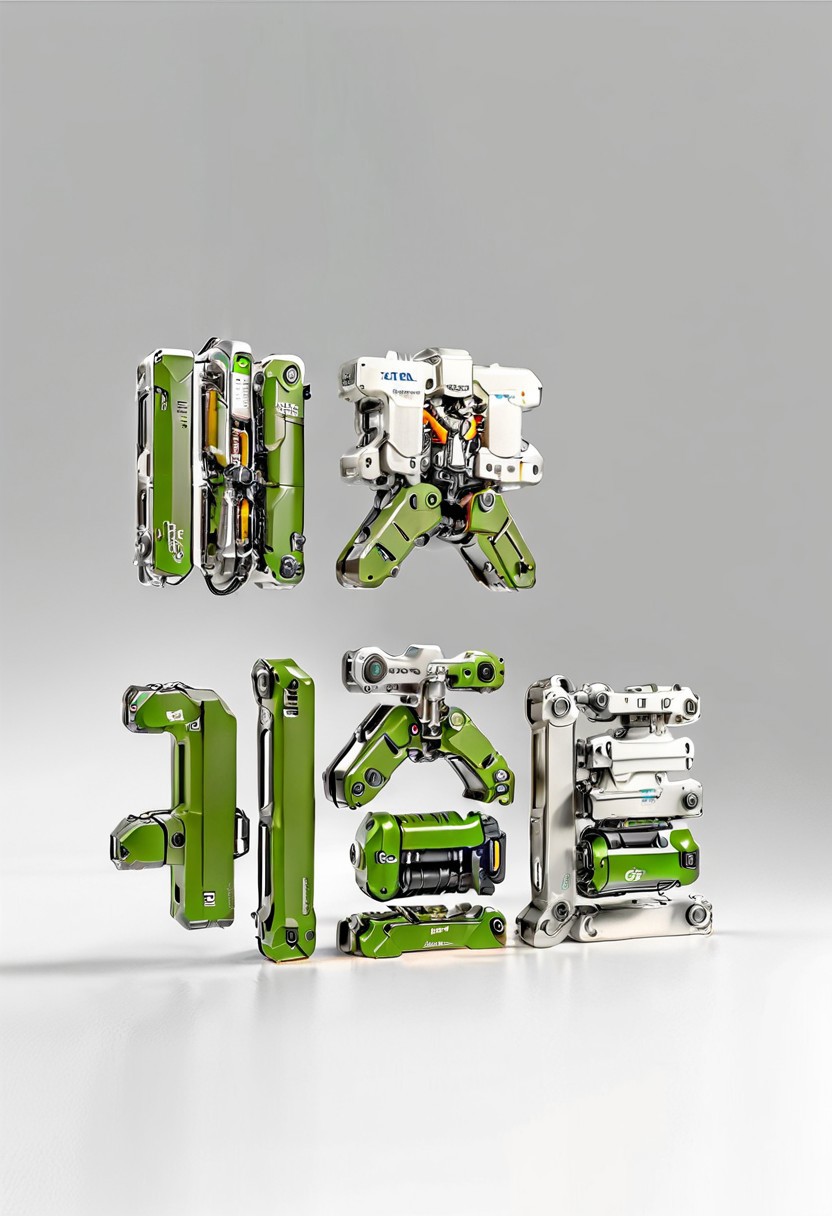 Sci-fi_Hola_(\font\), Mecha,mechanical,no_humans,still_life,shadow,science_fiction,grey_background,simple_background,white_background,morandi color,(Olive Green | Champagne gold | Silver gray),machine,miniature,metal,Sci-fi,(white background:1.2),(simple background:1.1),((best quality)),((masterpiece)),8k,